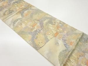 服部織物製　こはく錦引箔山並みに木々・民家模様織出し袋帯